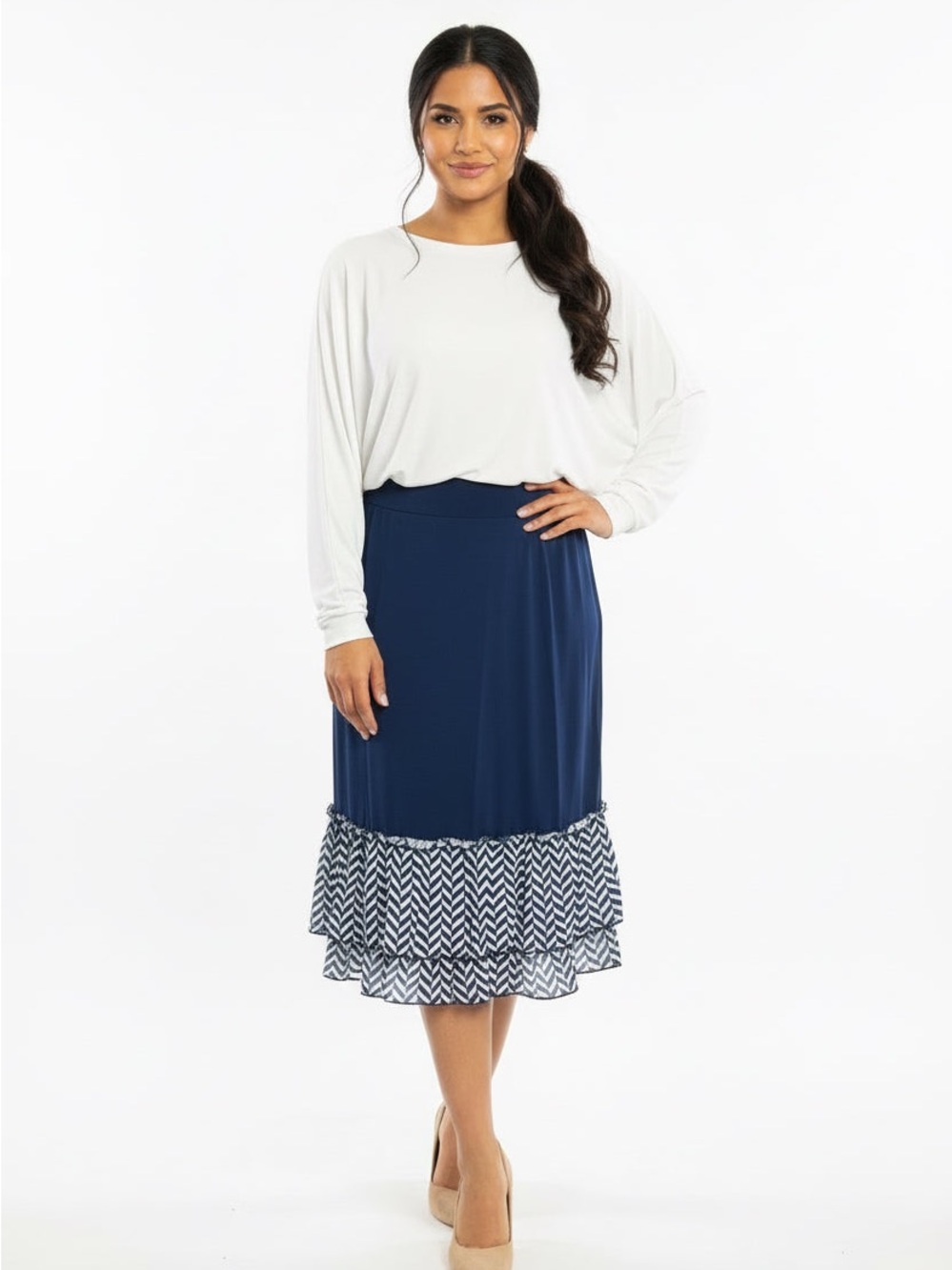 Navy Chevron Ruffle Midi Skirt - Elegant Everyday Style